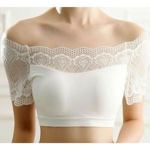 White Soft Bralette with Lace Trim and Sleeves Strapless Off The Shoulder Top OS